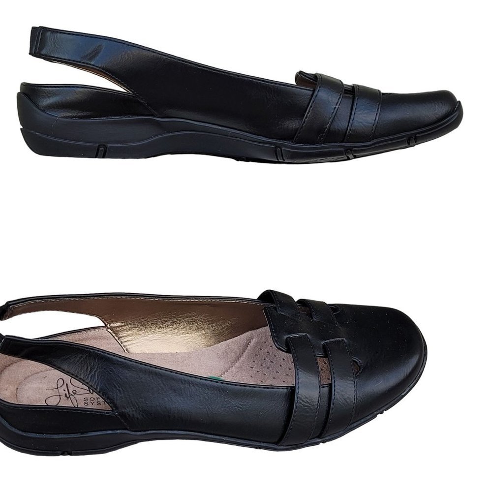 Life Stride Danilla Sling Black Faux Leather Flats Sz 7.5